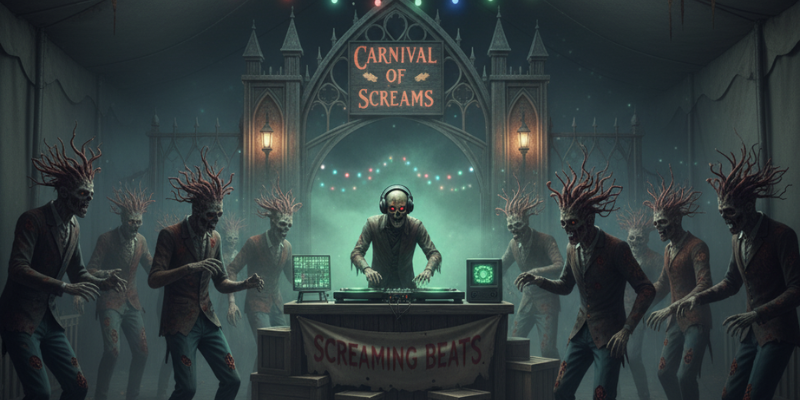 Group of cordyceps zombies dancing on the dance floor while a skeleton DJ spins the beats