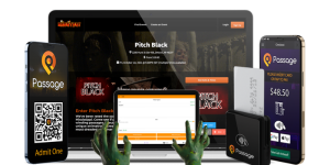 Zombie hands holding a tablet with the HauntPay in-person sales app next to mobile devices, card reader, and laptop displaying a haunt's ticketing page