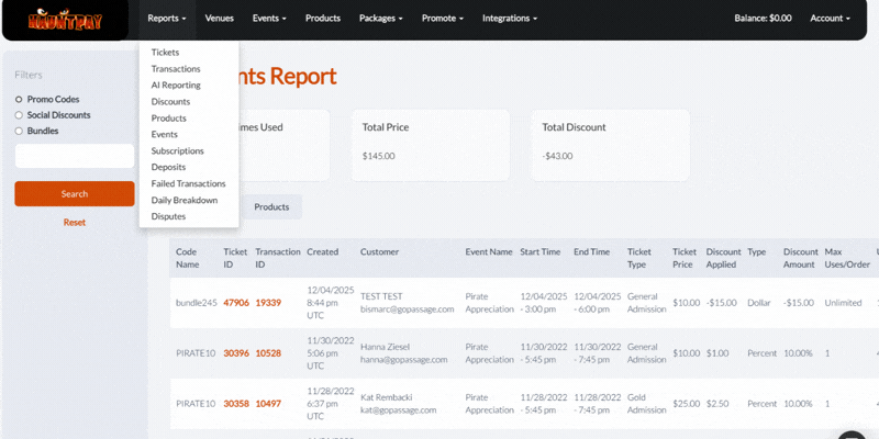 HauntPay Discounts Report showing promo code usage