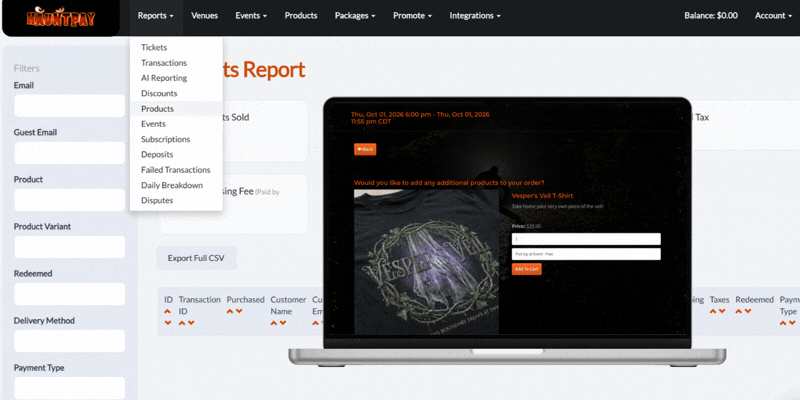 HauntPay Products Report showing product sales and upsell transactions