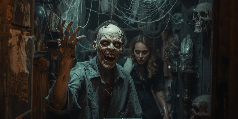 Scary zombie raising hand in a dark room filled with cobwebs and spooky props while a demon lady lurks in the background