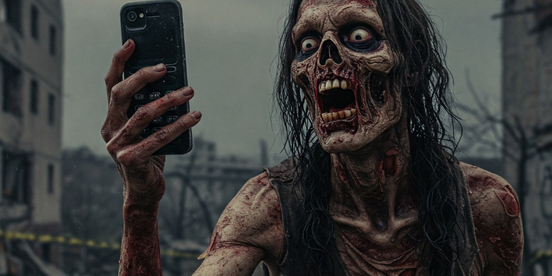 Lady zombie shouting in delight while using her mobile phone in a post-apocalyptic scene