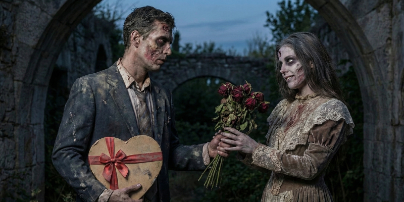 Male zombie holding a heart-shaped box and handing a bouquet of dying red roses to a lady zombie in a disheveled lace dress
