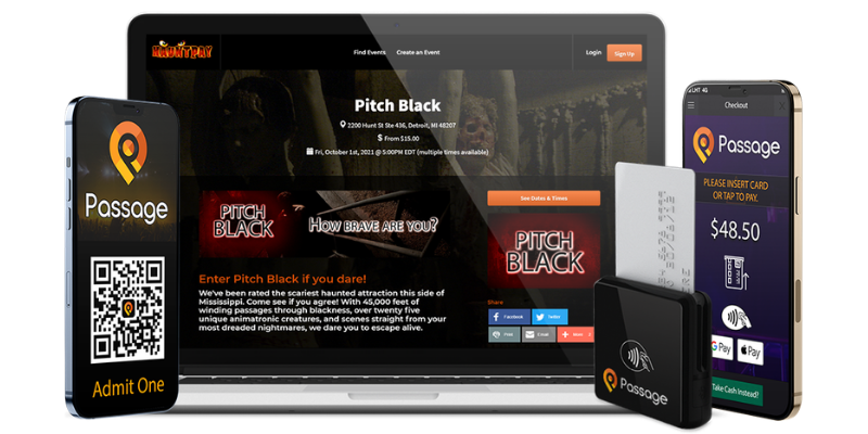 Mockup of HauntPay event page on a laptop screen flanked by mobile devices displaying digital ticket and in-person sales app