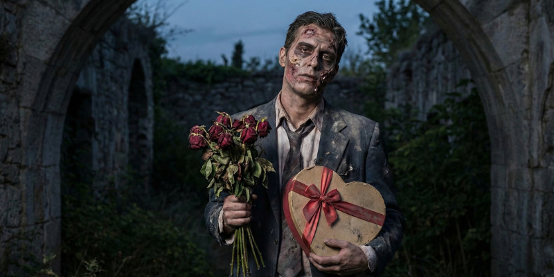 Zombie in a disheveled suit holding a bouquet of dying red roses and a heart shaped box with a red bow