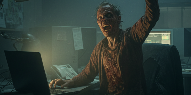 Zombie raising his arm in the air in celebration while working on a laptop computer in a dark office