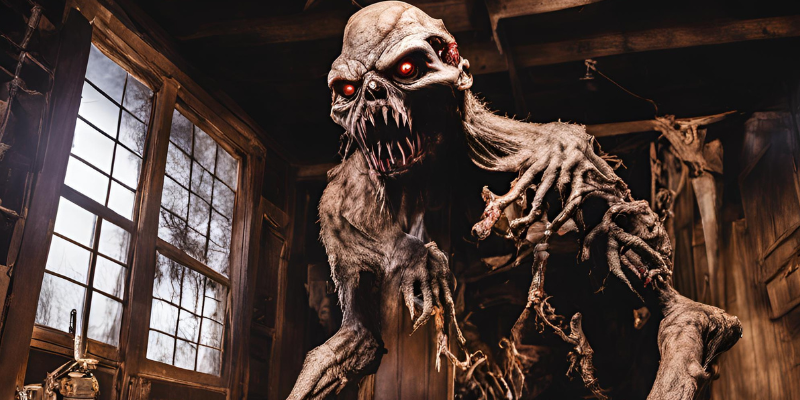 Giant monster prop with glowing eyes looking menacingly down at you in a dark wooden room