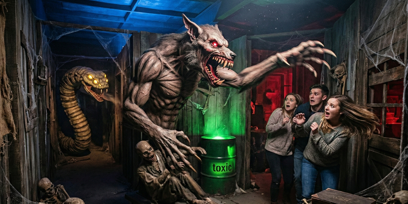 Scene inside a haunted house where three friends at getting scared by a giant werewolf animatronic