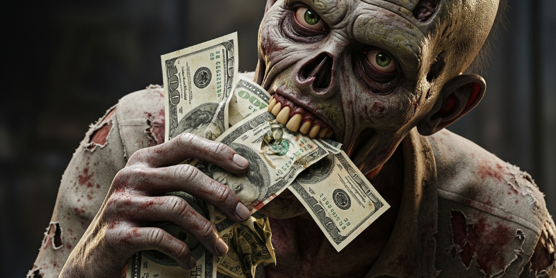 Zombie tearing apart a fistfull of $100 bills