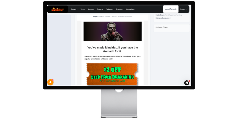 Mockup of an email marketing message offering $2 off funnel cake ("fried brains") mocked up on a desktop computer