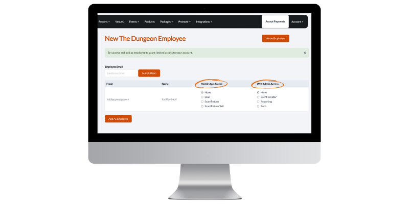 Mockup of HauntPay admin dashboard with new employee settings displayed