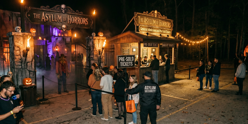 Nighttime scene outside the Asylum of Horrors haunted attractions with guests waiting to enter and purchasing tickets at the ticket booth