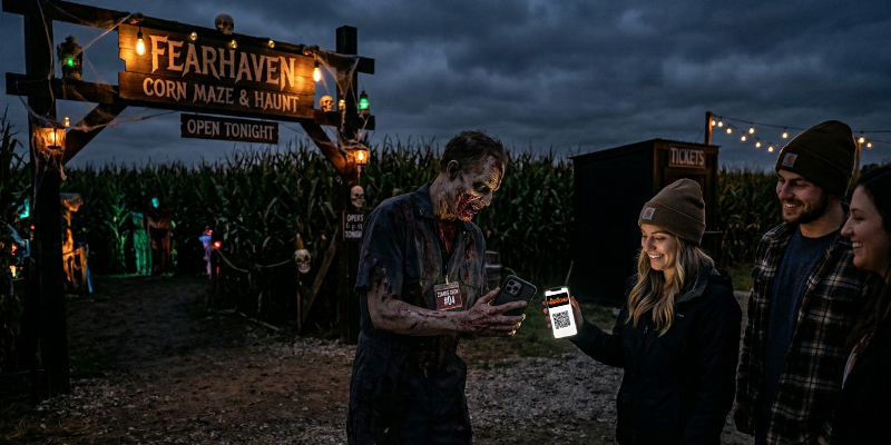 Zombie scanning in guest tickets with a mobile phone in front of a haunted corn maze at night