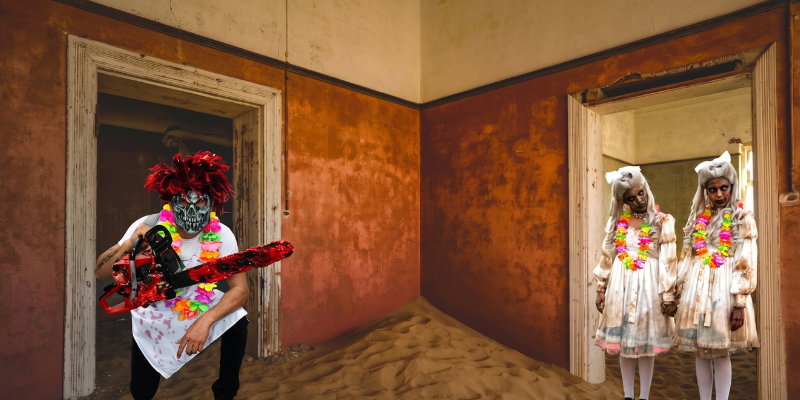 Twin zombie girls dressed as scary dolls lurking in doorway and skeleton-masked man holding a bloody chainsaw in a dirty old room