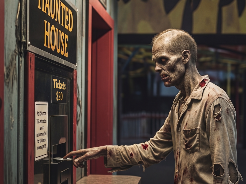 Zombie buying tickets at a haunted house box office