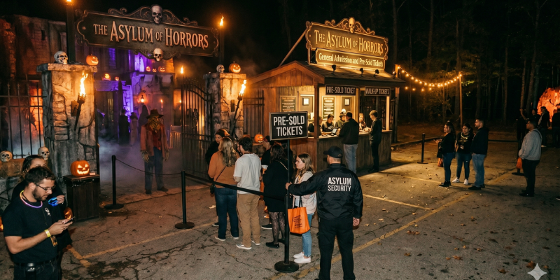 Exterior of The Asylum of Horrors ticket booth and entrance gate with separate lines for pre-sold and walk-up tickets