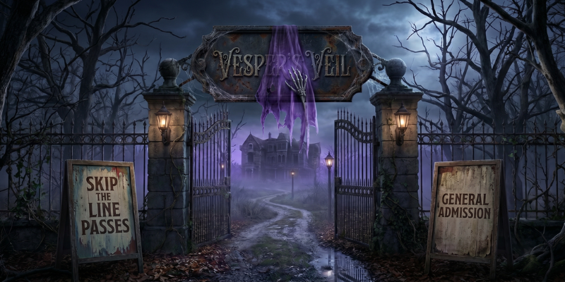 Exterior of fictional haunted attraction Vesper's Veil with separate entrance signs for Skip-the-Line and General Admission