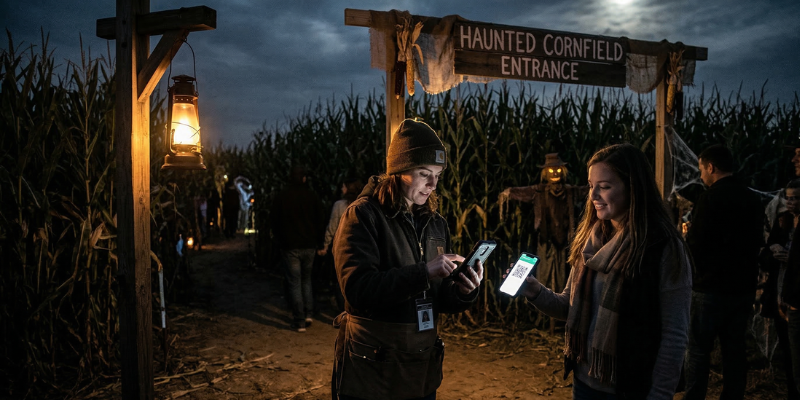 Haunted cornfield entrance_ a team member scans a guest ticket on their phone
