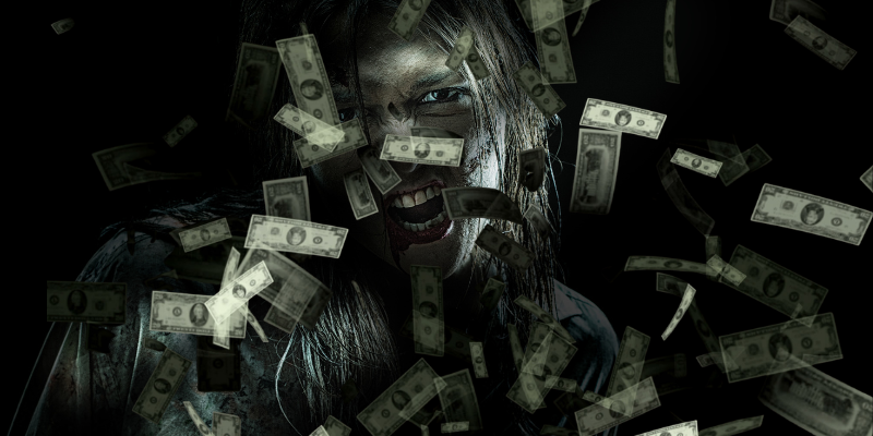Female zombie snarling at you on a dark background, paper money falls from the sky in the foreground