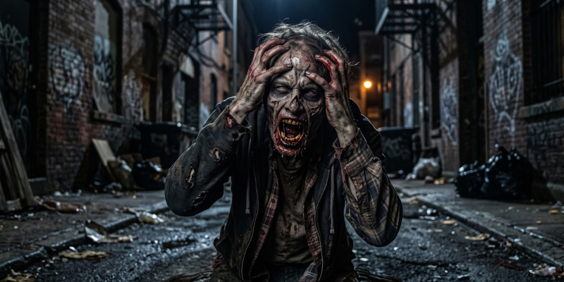 Zombie grabbing his head and screaming in a dark alley